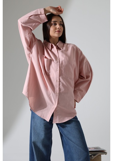 Yeni Sezon Poplin Kumaş Çift Cepli Oversize Pamuklu Kadın Tunik Gömlek Açık Pembe