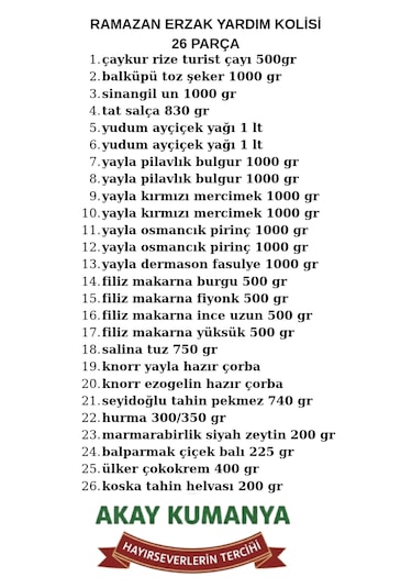 Ramazan Kumanyası Erzak Gıda Paketi 26 Parça