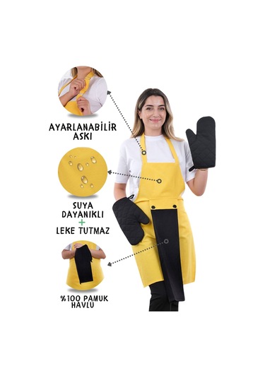 Star Ayar Askılı Havlulu 4lü Mutfak Önlüğü Seti 2 Eldiven Sarı-siyah-siyah