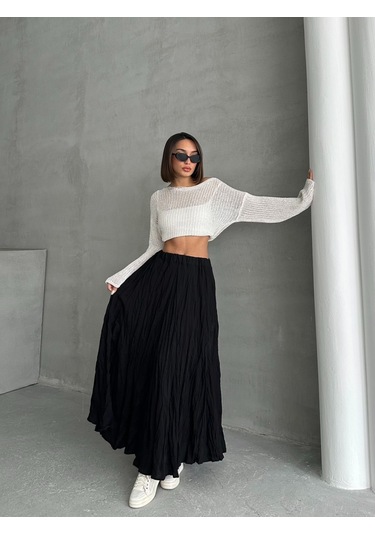Kadın Buruşuk Modal Dokulu Soft Uzun Etek Siyah
