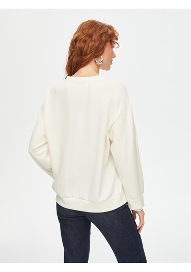 Relax Kolu Kontrast Garnili Modallı Sweatshirt 69757 U6975773 Ekru