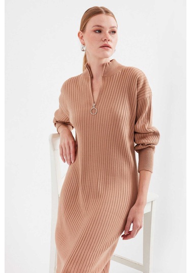 Gabria Fitilli Triko Elbise Camel