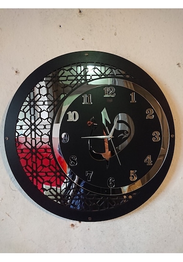 Duvar Saati 50 Cm Ahşap Ayna Elif Vav Motifli Gümüş - Siyah