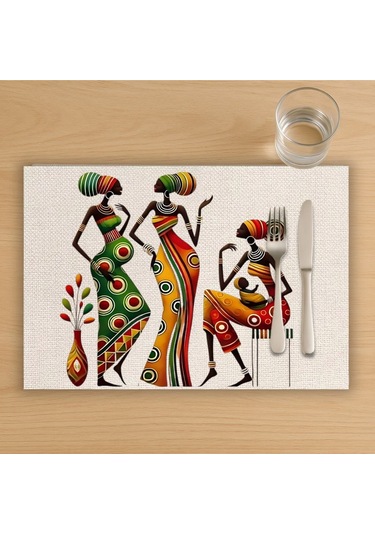 Afrikalı Kadınlar Tasarımlı Amerikan Servis, Tabak Altlığı & Şık Masa Dekoru, Ev Hediyesi, 2 Adet Krem