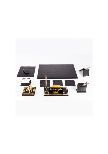 Opta 10 Parça Aslan Biblolu Siyah Deri Sümen Seti Takımı Gold Kalem Ofis Masa İsimliği Lüks İsimlik