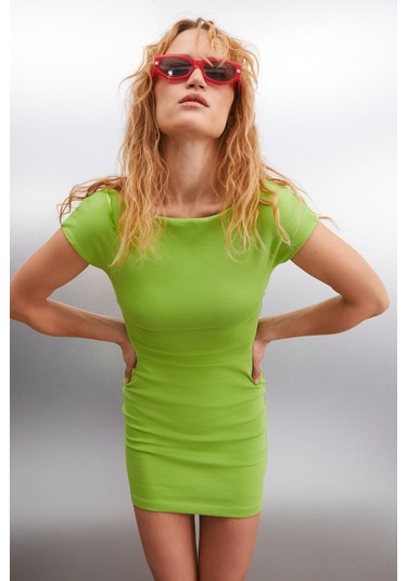 GRIMELANGE Arcene Kadın Organik Pamuklu Likrali Vücüdu Saran Bodycon Tek Parça Yeşil Elbise Yeşil