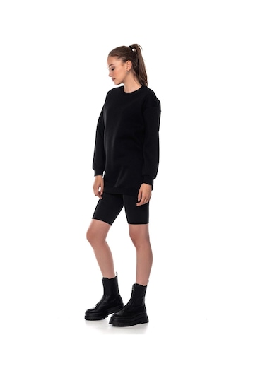 Caya Kadın Ekru Renk Uzun Kesim Basic Örme Sweatshirt Cy84197 Beyaz Siyah