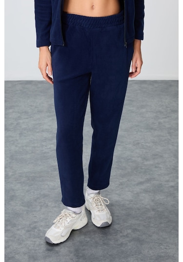 Tommy Life Lacivert Kalın Yumuşak Dokulu Dik Yaka Oversize Nakışlı Polar Kadın Eşofman Takım -95339 Lacivert