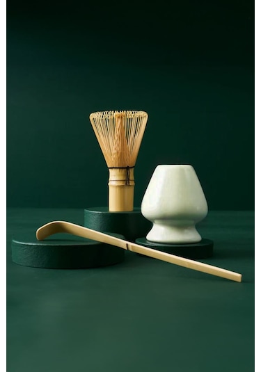 3 Parça Matcha Çayı Fırça Ve Bamboo Whisk Tutucu Ve Bambu Kaşık Set Mt155 Yeşil