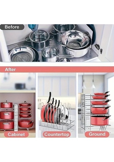 Honeybeeshop Siyah- Çok Yönlü Mutfak Düzenleyici Kapaklı Ayarlanabilir Tencere Tava Rafı Ev Restoran Kullanım Demir Depolama Rafı Siyah-