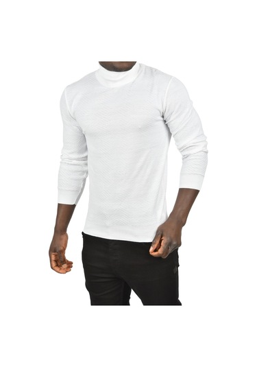 Deepsea Erkek Beyaz Desenli Dar Kesim Tam Balıkçı Yaka Triko Boğazlı Kazak 2505510 Beyaz