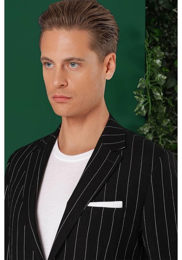 Comfort Fit Çift Yırtmaç İtalyan Çizgili Keten Casual Siyah Ceket C 671 Siyah