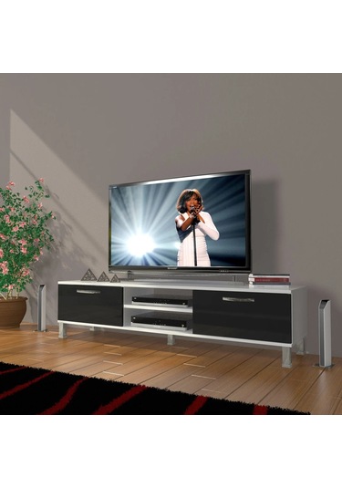 Decoraktiv Eko 140 Slm Dvd Krom Ayaklı Tv Ünitesi Tv Sehpası - Beyaz - Siyah Beyaz - Siyah