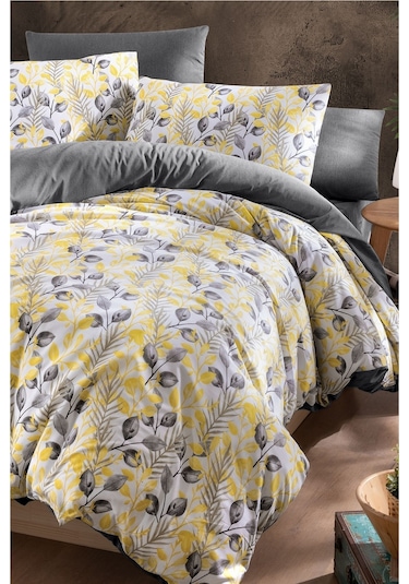 Mystory Home Lastikli Çarşaflı Çift Kişilik Nevresim Takımı Lemon 200x220 Cm Sarı - Gri