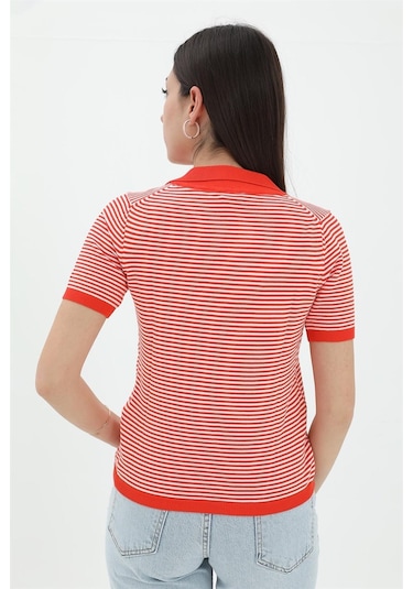 İnce Çizgili Polo Yaka Triko Kazak - Turuncu - Kadın