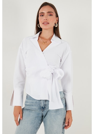 Lela Pamuklu Regular Fit Uzun Kollu Bağlama Detaylı Bayan Gömlek 65200538 Beyaz