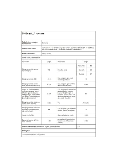 Siemens SN57ZS82DT 8 Programlı 13 Kişilik Yarı Ankastre Bulaşık Makinesi