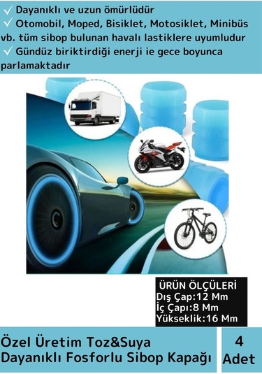 Özel Tüm Otomobil Bisiklet Motosiklet, Minibüslerle Uyumlu 4 Adet Fosforlu Mavi Sibop Kapağı
