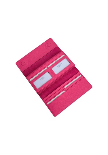 Fuşya %100 Hakiki Deri Dikiş Detaylı Gizli Mıknatıslı Kapaklı Özel Tasarım Kadın Cüzdan Portföy Fuşya