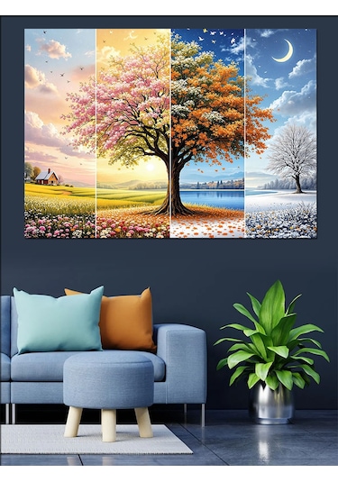 Dört Mevsim Ağaç Manzarası Dekoratif Kanvas - Mdf Ahşap Tablo