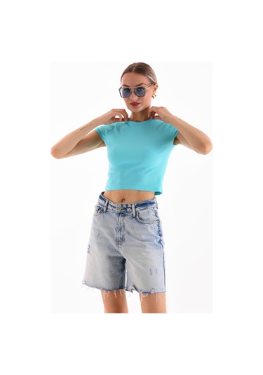 Kadın Likralı Kısa Kol Crop Bluz Turkuaz