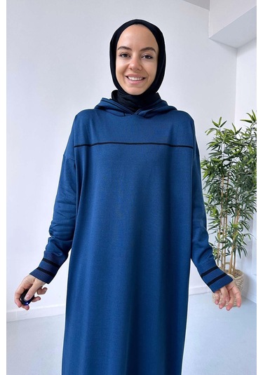 Kapüşonlu Merserize Elbise - Petrol Petrol Mavi