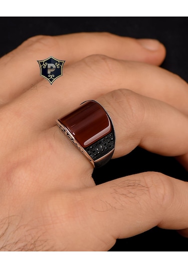 Prestij Gümüş 925 Ayar Gümüş Akik Taşlı Zirkon Taş Süslemeli Erkek Yüzüğü