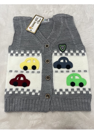 Sarı Yeşil Arabalı Örme Yelek Gri