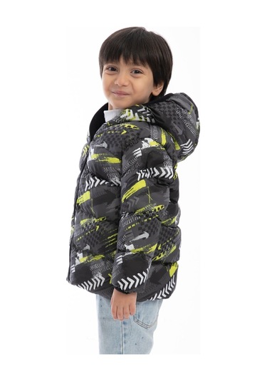 Erkek Çocuk Sarı Siyah Dijital Desen Içi Polar Su Ve Rüzgar Geçirmez Kapüşonlu Şişme Kışlık Mont Siyah - Sarı