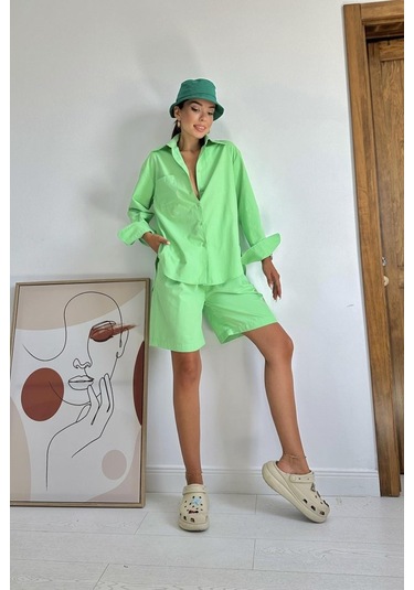 Fıstık Yeşili Önü Cepli Gömlek Ve Şort Takım Fıstık Yeşili