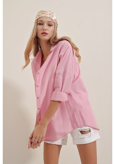 Bigdart 3900 Oversize Uzun Basic Gömlek - Pembe 001