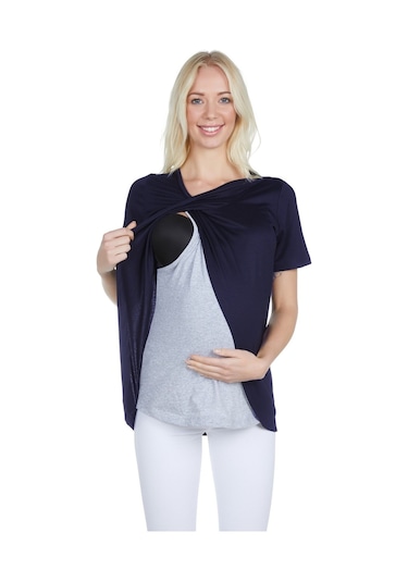 Luvmabelly 3503 Lacivert Pamuklu Viskon Lohusa Emzirme Bluz