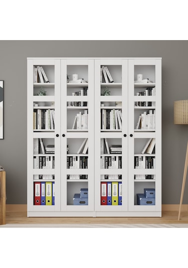 Lucas Cam Kapaklı Vitrin - Büfe - Kitaplık Ve Çok Amaçlı Dolap Ayarlanabilir Raf Beyaz