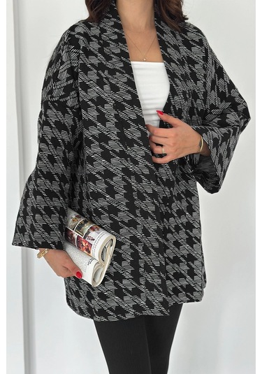 Kazayağı Desenli Kimono Siyah Siyah