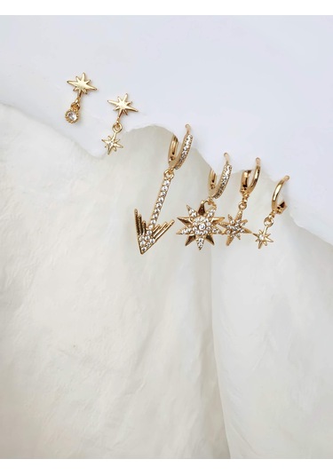 6'lı Ok Yıldız Kutup Yıldızı Altın Kaplama Gold Küpe Seti Gold