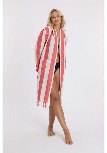 Mulberry Striped Peştemal Bornoz Banyo Ve Plaj Elbisesi Kırmızı