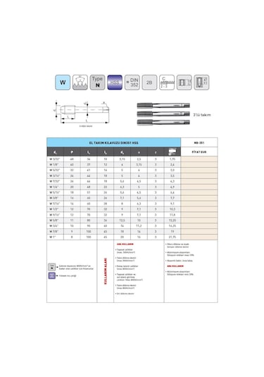 Fett W 7/32"-24 Narex Dın Nb-351 Hss 3'lü El Takım Kılavuzu