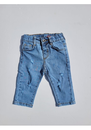 Erkek Bebek Beli Lastikli Yırtık Detaylı Kot Pantolon-11699-kot Mavi