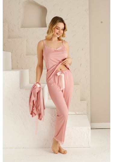 Sabahlıklı Dantel Detaylı Pegasus Kadın Pijama Takımı-çeyizlik Takım- Geniş Beden Aralığı Pudra