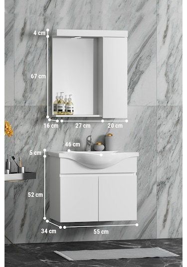 Yıldız Asma 55 Cm Beyaz Mdf Lavabolu Asma Banyo Dolabı Takımı Beyaz