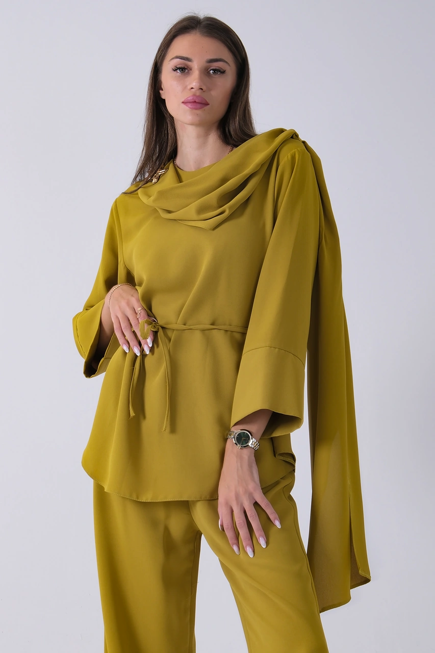 Feminist Fıstık Şal Yaka Üzeri Broş Detaylı Pantolonlu Takım 4592270.22 Fıstık