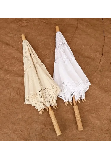 Atay Garage Şemsiye 80-65cm Ebatlarında Büyük Vintage Dantel İşlemeli Beyaz Şemsiye Bej - Krem