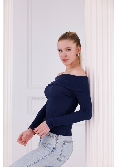 Madonna Yaka Uzun Kollu Fitilli Kadın Bluz Lacivert
