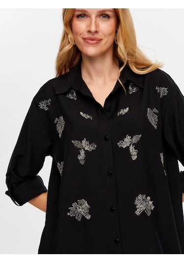 Faik Sönmez Boncuk İşi Nakışlı Uzun Kollu Kadın Gömlek Elbise Uw26elb014 Siyah