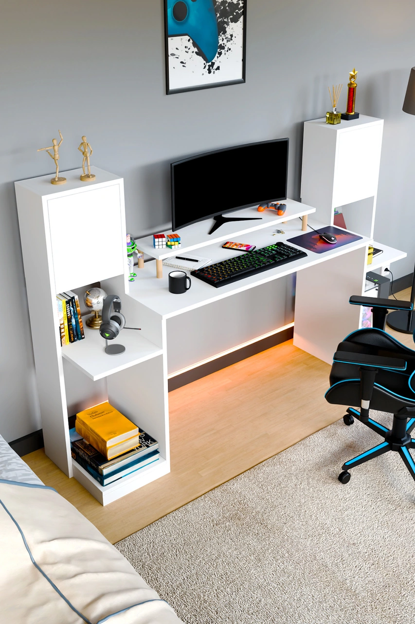 Throne Dolaplı, Kitaplıklı, Raflı Çalışma Masası, Bilgisayar Masası, Çocuk Çalışma Masası Beyaz Beyaz