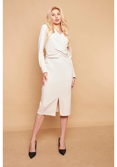 V Yaka Önü Çapraz Önden Yırtmaçlı Diz Altı Hafif Likralı Triko Elbise-şampanya Şampanya