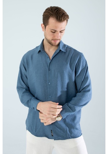 Rahat Kesim Keten Dokulu Gömlek Mavi