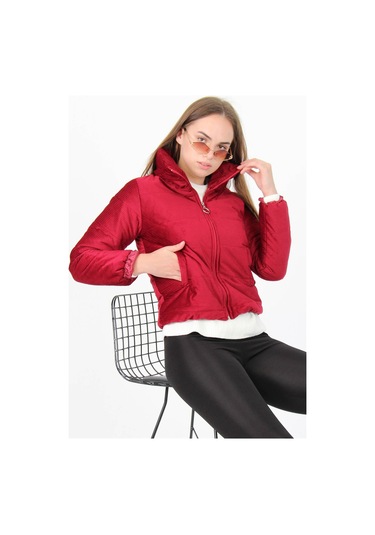 Kadın Yüksek Yaka Cepli Kışlık Kadife Mont Dpnb7154 Bordo