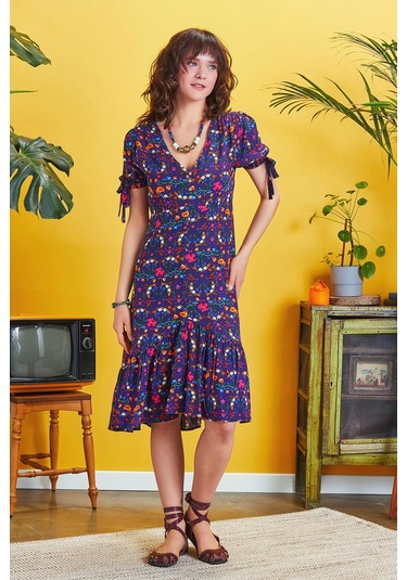 Ön Yırtmaçlı Çiçek Desenli Bohem Elbise 001