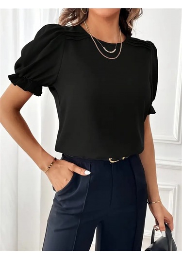 Pazarella Kadın Kısa Kollu Bisiklet Yaka Kolları Gipeli Ithal Krep Bluz Siyah